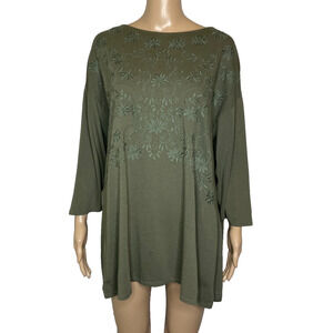 Women 2X J.Jill Floral Embroidered Cotton Blend Long Sleeve Green Crewneck Shirt